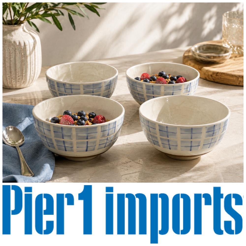 Vintage Lot 4 x Pier 1 Checkerboard Stoneware Soup Cereal Bowls Blue White